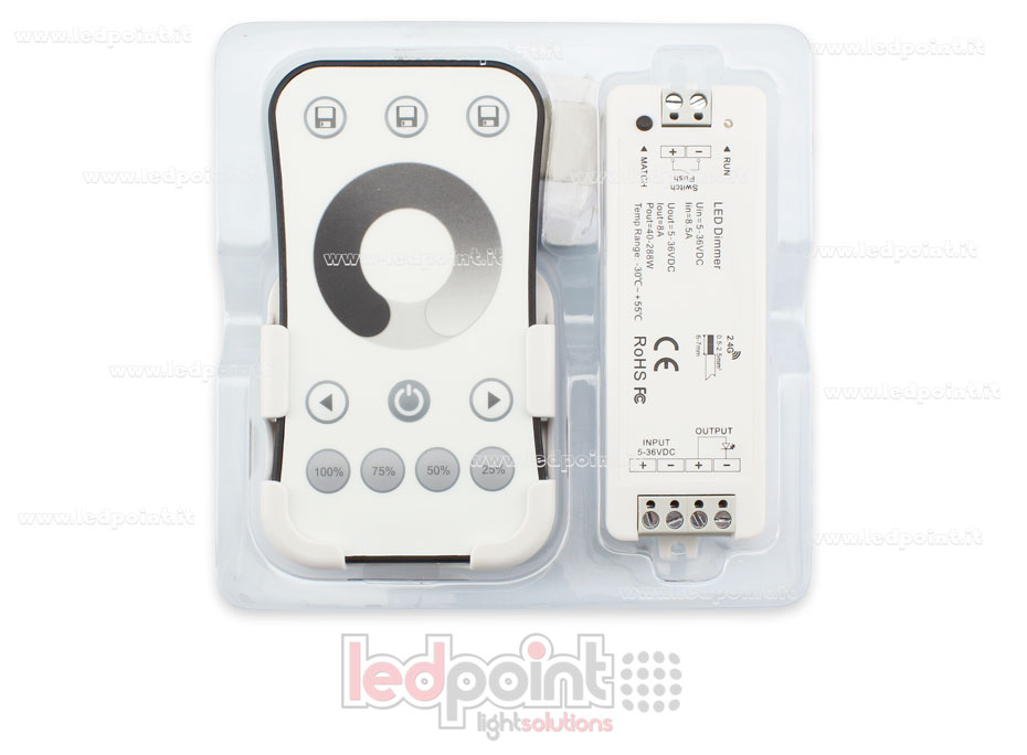 Kit mando + controlador monocromático con interruptor 5/36V, 1ch*8A, RF 2.4G
