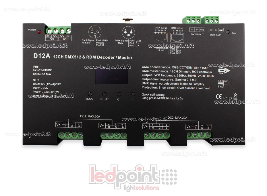 Descodificador DMX 512 con pantalla oled, 12 canales de 5A cada uno, voltaje 12-24V DC