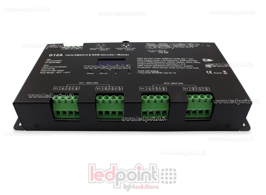 Descodificador DMX 512 con pantalla oled, 12 canales de 5A cada uno, voltaje 12-24V DC