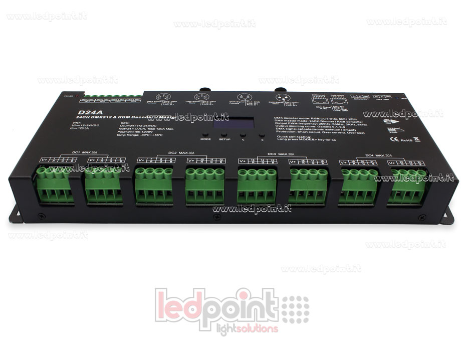 Descodificador DMX 512 con pantalla oled, 24 canales de 5A cada uno, voltaje 12-24V DC 