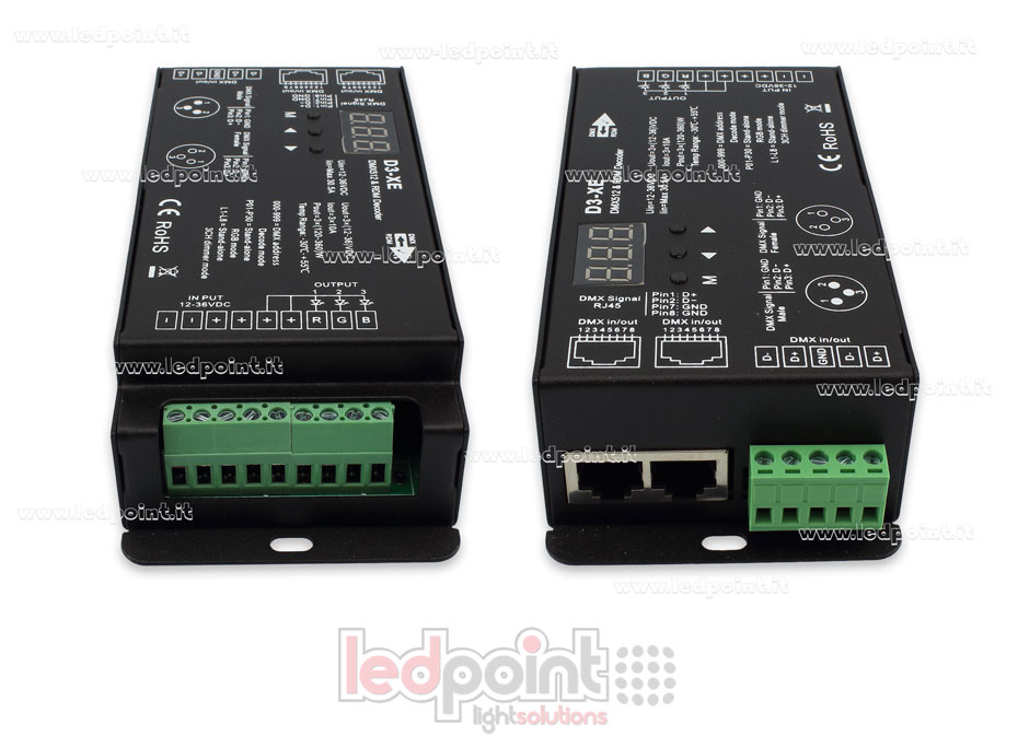DMX 512 & RDM descodificador carril, 3 canales de 10A cada uno, tensión 12-36V DC. XLR3, RJ45