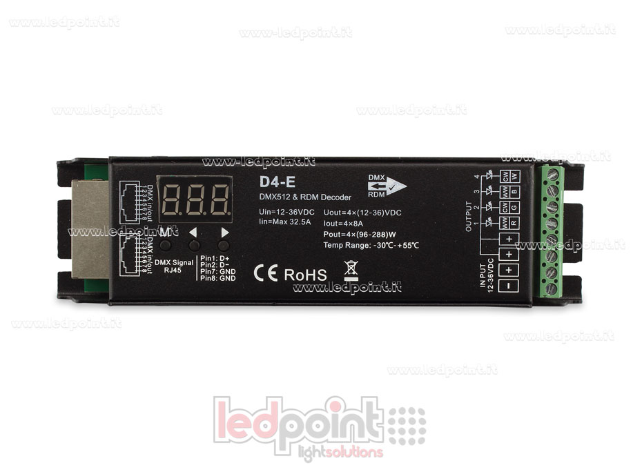 DMX 512 & RDM descodificador carril, 4 canales de 8A cada uno, tensión 12-36V DC, puerto RJ45