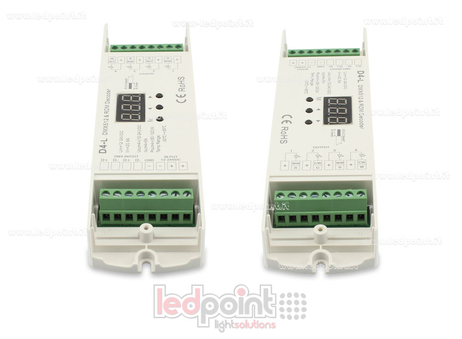 DMX 512 descodificador , 4 canales de 5A cada uno, tensión 12-24V DC