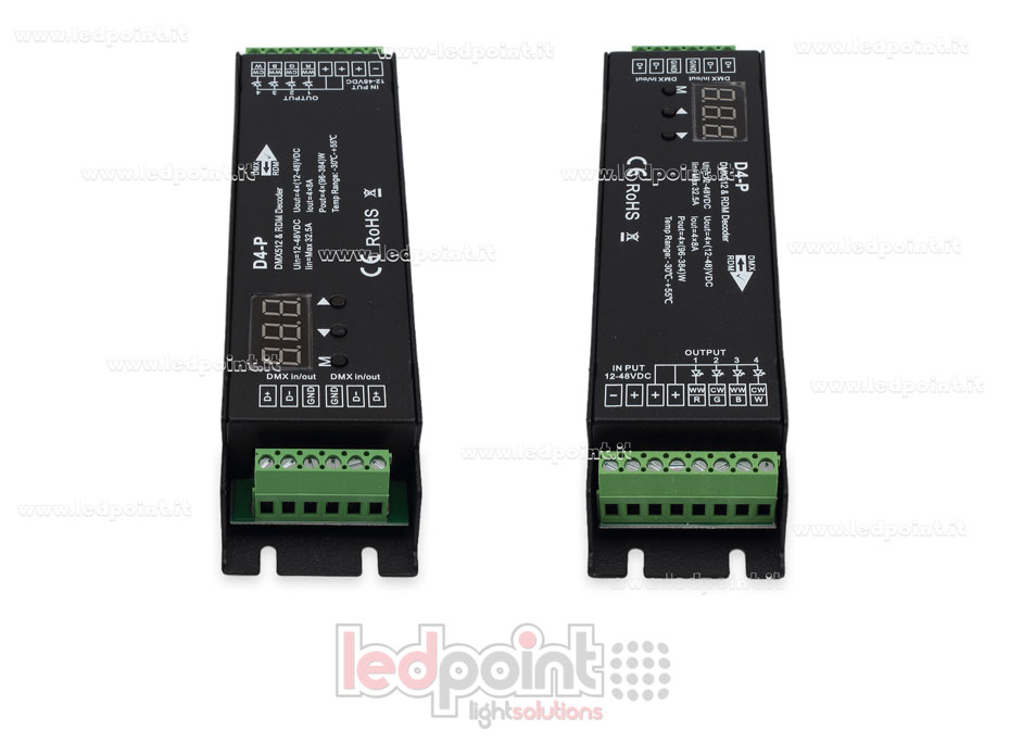 DMX 512 & RDM descodificador carril, 4 canales de 8A cada uno, tensión 12-48V DC