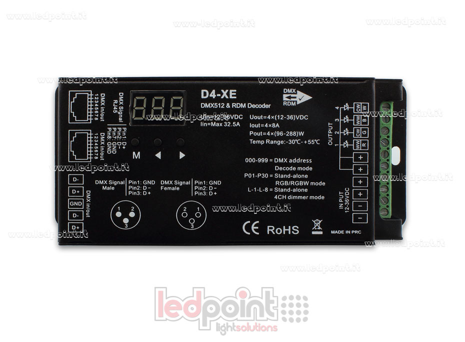 DMX 512 & RDM descodificador carril, 4 canales de 8A cada uno, tensión 12-36V DC, XLR3 e RJ45