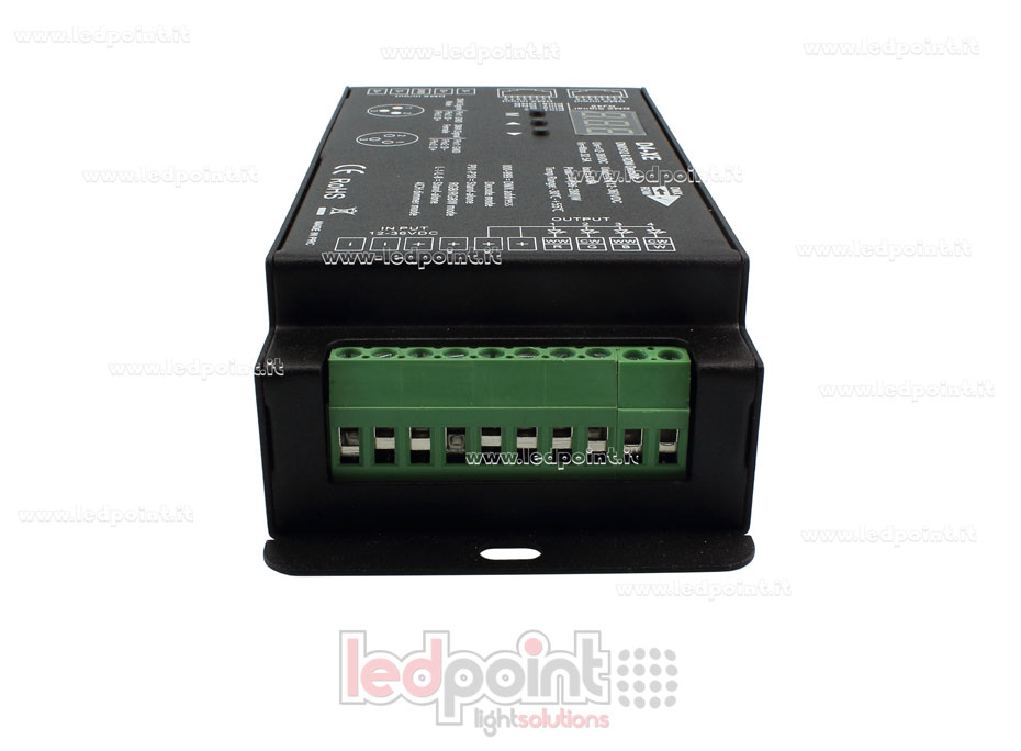DMX 512 & RDM descodificador carril, 4 canales de 8A cada uno, tensión 12-36V DC, XLR3 e RJ45