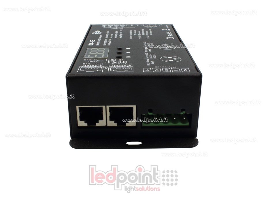 DMX 512 & RDM descodificador carril, 4 canales de 8A cada uno, tensión 12-36V DC, XLR3 e RJ45