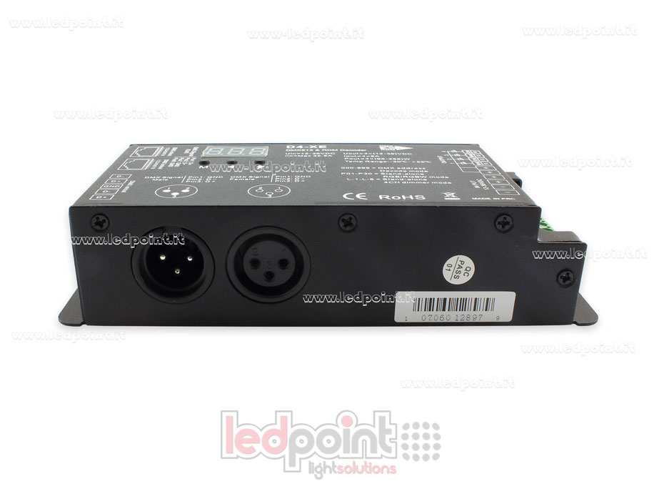DMX 512 & RDM descodificador carril, 4 canales de 8A cada uno, tensión 12-36V DC, XLR3 e RJ45