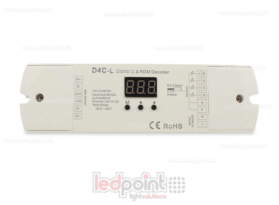 DMX 512 descodificador, corriente constante 4 canales de 150-500mA cada uno, tensión 12-48V DC
