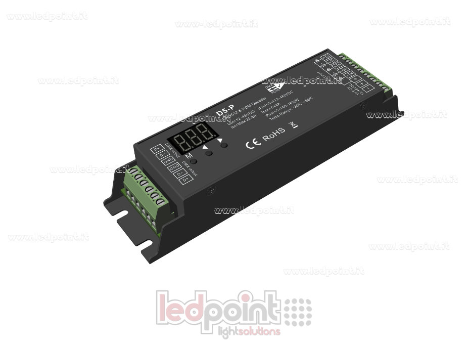 DMX 512 & RDM descodificador carril, 5 canales de 4A cada uno, tensión 12-48V DC