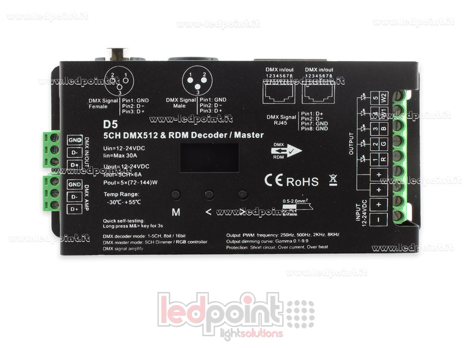 DMX 512 & RDM descodificador carril, 5 canales de 6A cada uno, tensión 12-24V DC, XLR3 e RJ45