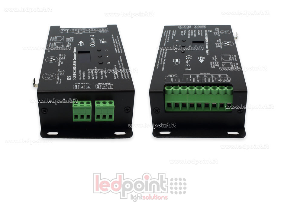 DMX 512 & RDM descodificador carril, 5 canales de 6A cada uno, tensión 12-24V DC, XLR3 e RJ45