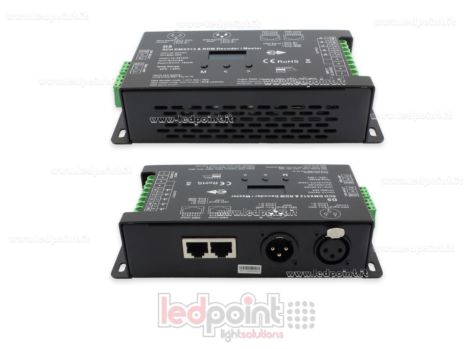 DMX 512 & RDM descodificador carril, 5 canales de 6A cada uno, tensión 12-24V DC, XLR3 e RJ45