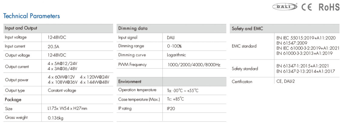 Dimmer DALI, 4 canales 5A 12-24V / 3A 36-48V DC (DT6), voltaje constante