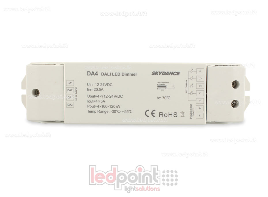 Dimmer DALI, 4 canales 5A, 12-24V DC, voltaje constante (DT6)