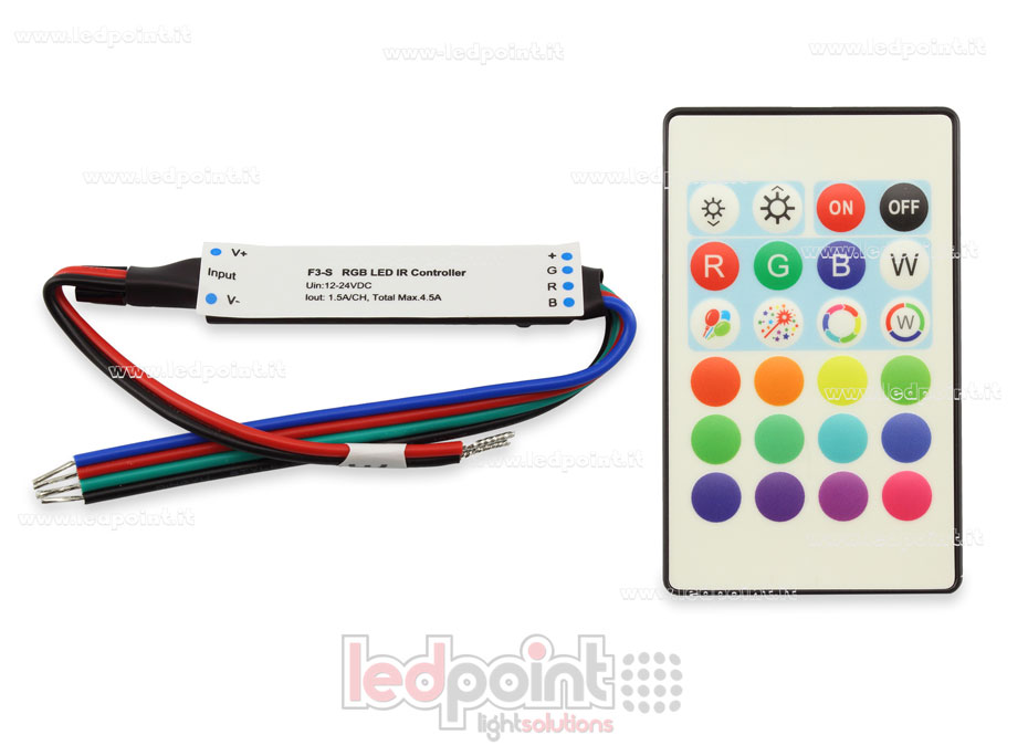 Mini dimmer receptor IR RGB con mando a distancia 12/24V, 3ch 1,5A/CH