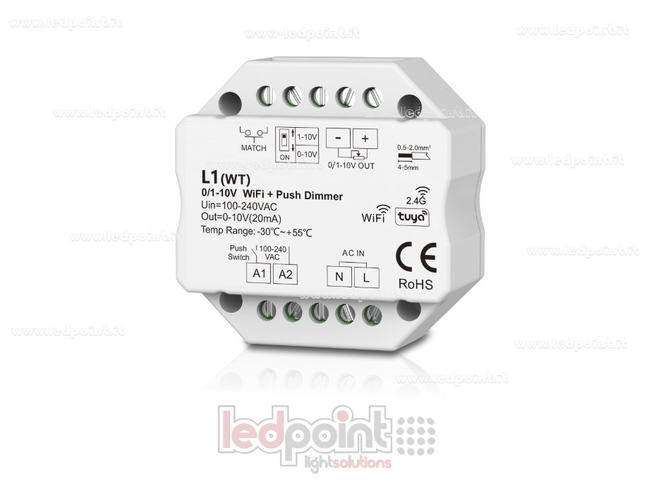 Receptor dimmer monocromo de 1 canal 0/1-10V WIFI, push dim AC, RF 2.4G, para caja de empalmes mural