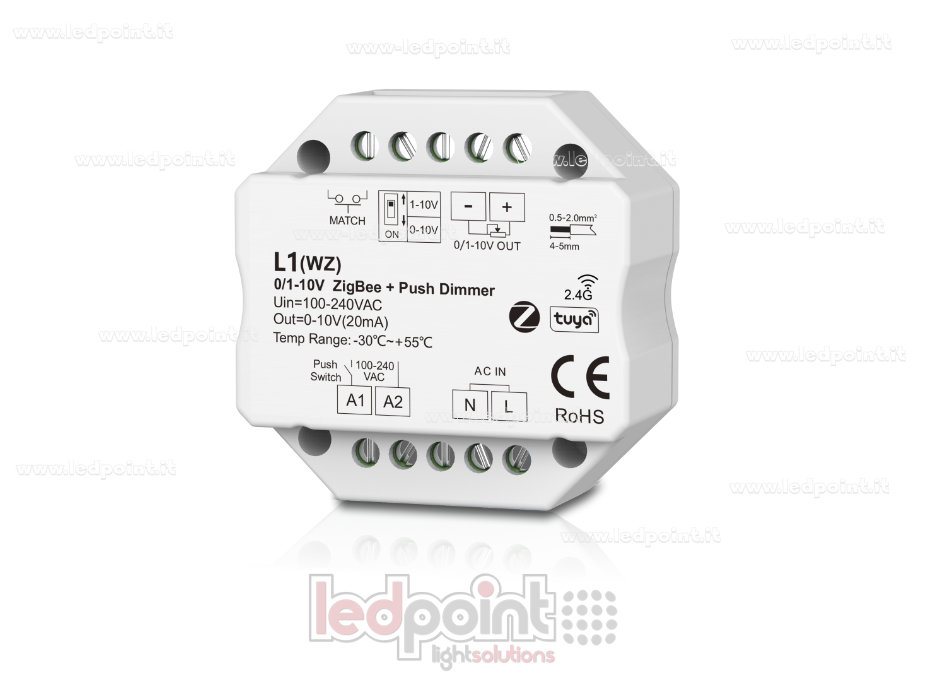 Receptor regulador monocromático de 1 canal 0/1-10V Zigbee, push dim AC, RF 2.4G, para caja de derivación de pared