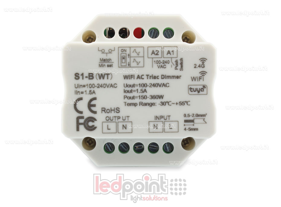 Controlador monocromático triac 100/230V, push dim AC, WiFi, RF 2.4G para caja de conexiones de pared