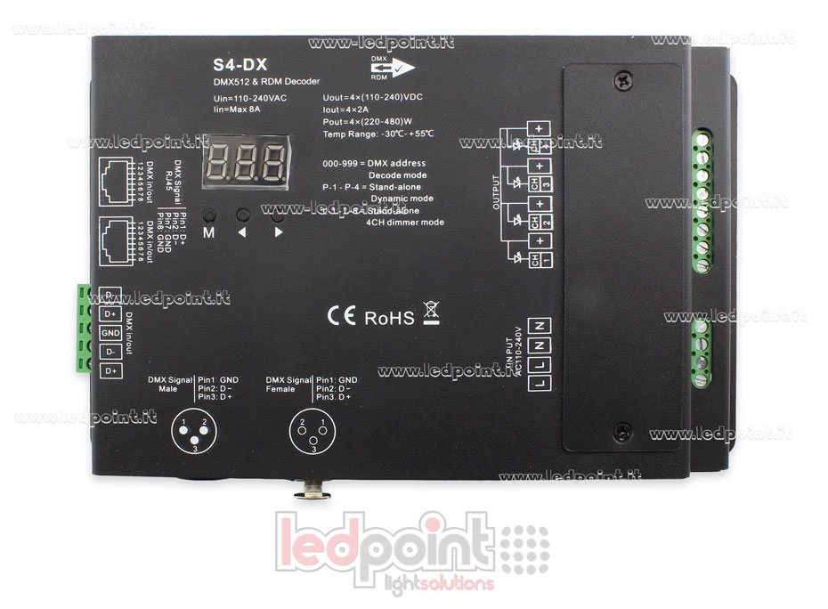 DMX 512 descodificador, 4 canales de 2A cada uno, tensión 110-240VAC