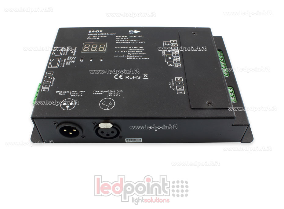 DMX 512 descodificador, 4 canales de 2A cada uno, tensión 110-240VAC