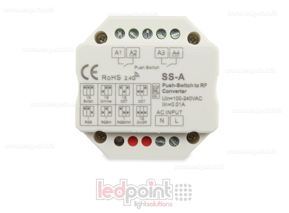 Mando a distancia push dim, 1 o 2 zonas, monocromático, CCT, RGB, RGBW y RGB+CCT, RF 2.4G para caja de conexiones de pared