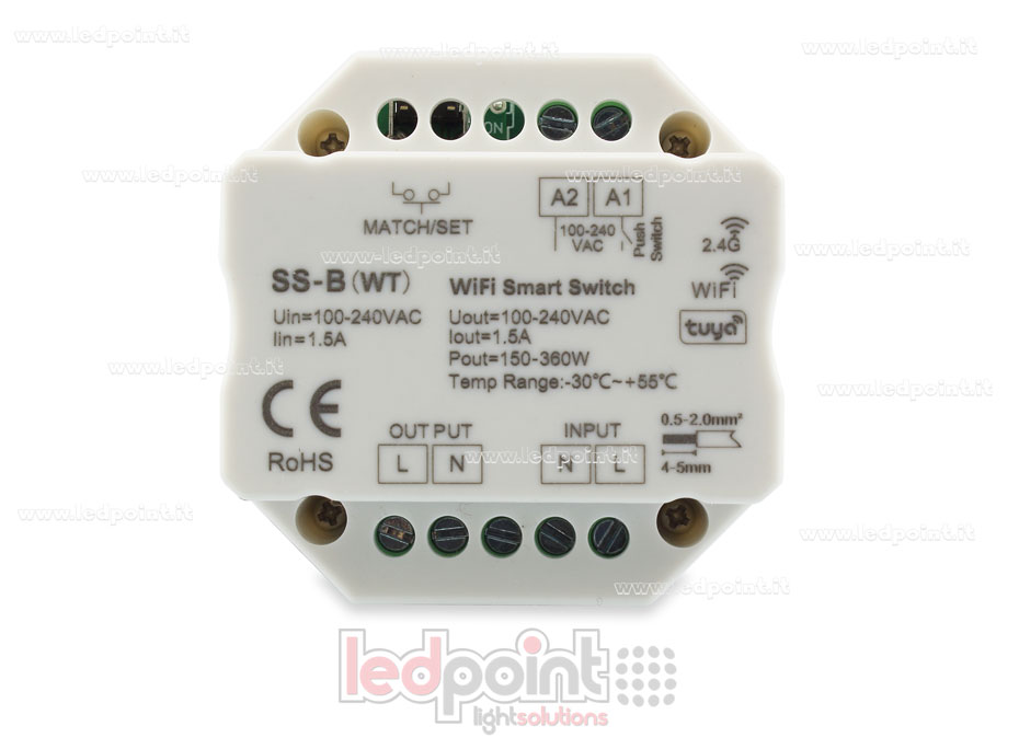 Controlador monocromático 100-240VAC, on/off, no dimerizable, 1.5A push switch, WiFi, RF 2.4G para caja de conexiones de pared