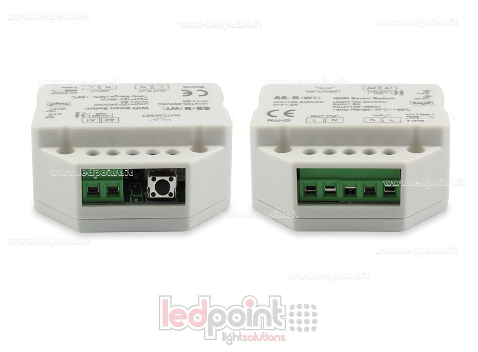 Controlador monocromático 100-240VAC, on/off, no dimerizable, 1.5A push switch, WiFi, RF 2.4G para caja de conexiones de pared