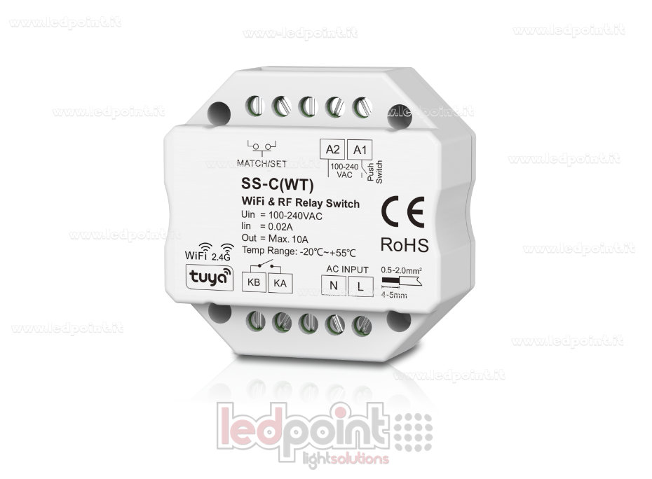 Controlador Monocromático 100-240VCA, No Regulable 10A, Push Dim, Wi-Fi + RF 2.4G, para Caja de Derivación de Pared