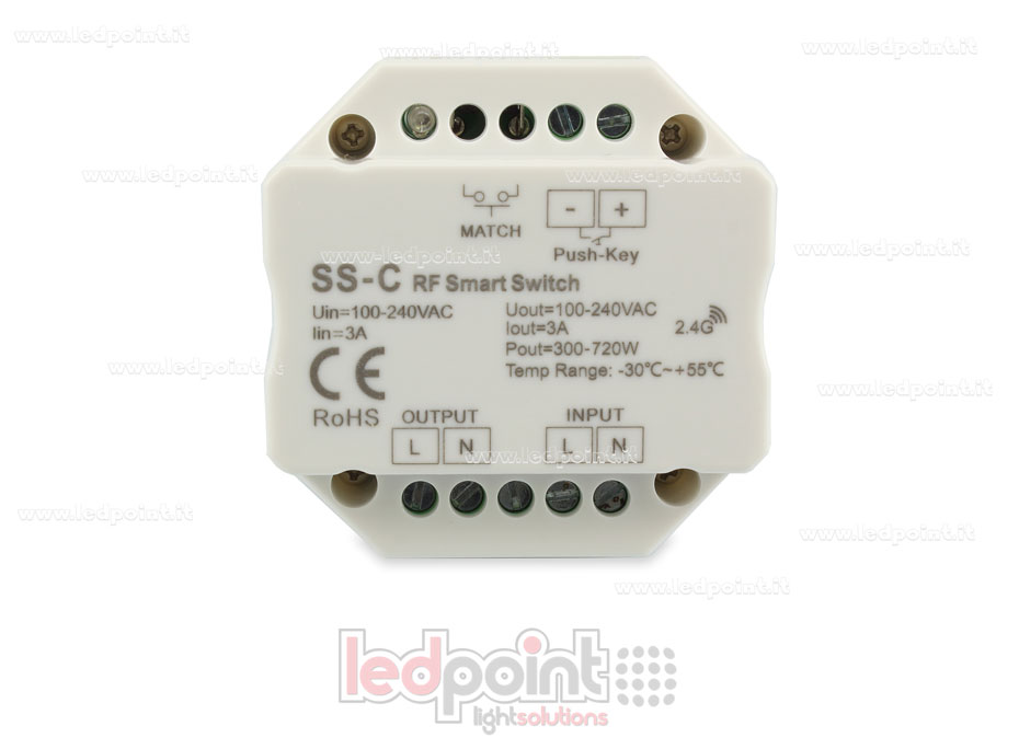 Controlador monocromático 100-240VAC, on/off, no dimerizable, 3A, push dim, RF 2.4G para caje de conexiones de pared