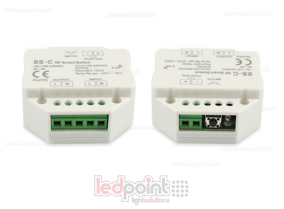 Controlador monocromático 100-240VAC, on/off, no dimerizable, 3A, push dim, RF 2.4G para caje de conexiones de pared