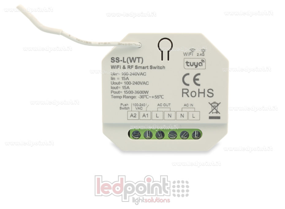 Controlador monocromático 100-240VAC, on/off, no dimerizable, 15A push dim, WiFi, RF 2.4G para caja de conexiones de pared