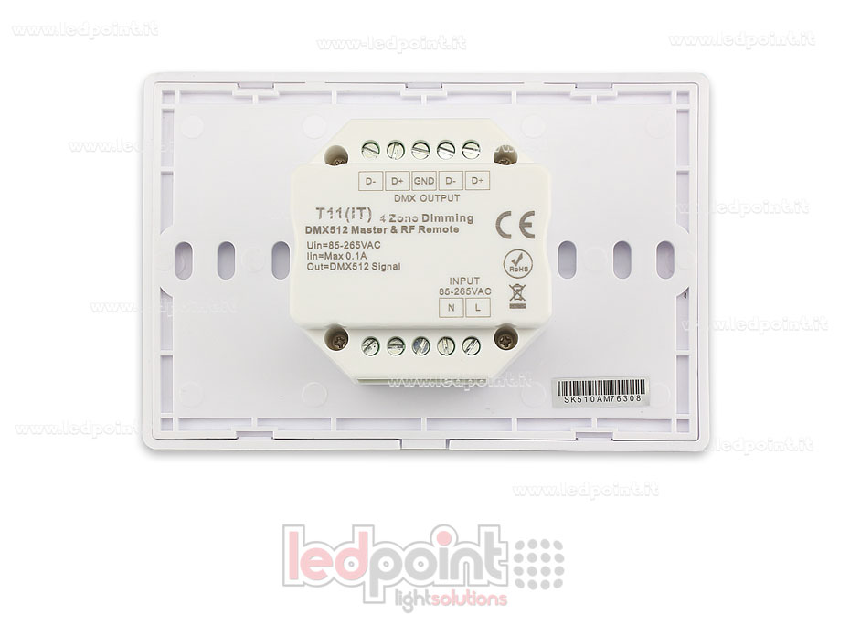 Master DMX y mando a distancia monocromático RF para pared blanco 4 zonas 120x80mm por caja 503