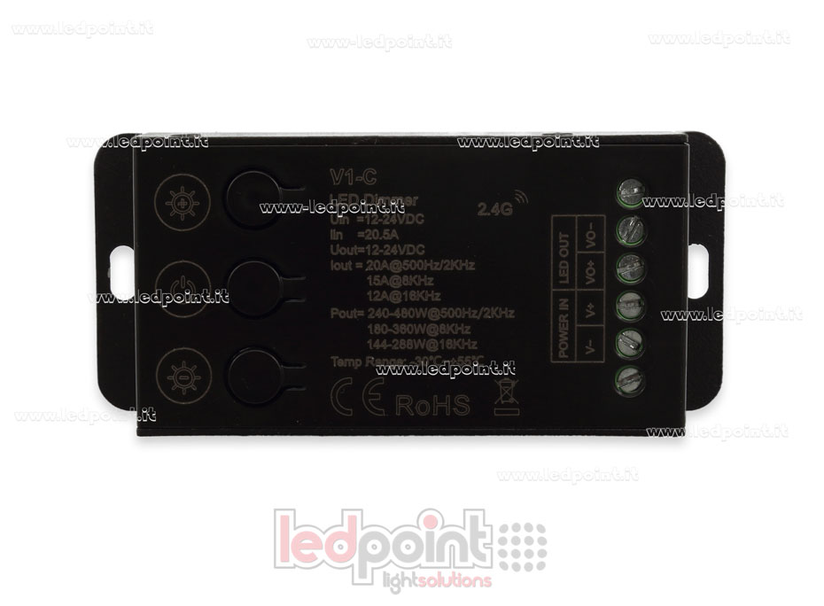 Receptor controlador monocromo 12-24V, 1ch*20A con 3 botones y PWM seleccionable, RF 2.4G