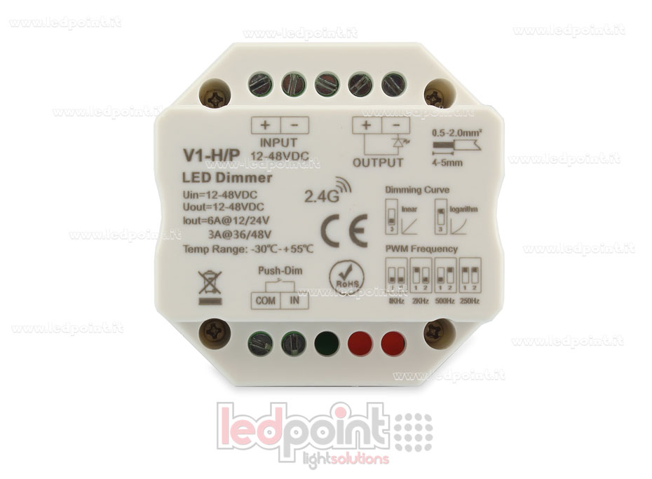 Controlador monocromático con interruptor para caje de conexiones de pared 1CH*4A/8A 12-48VDC, RF 2.4G con curva logarítmica o linear y frecuencia PWM seleccionable