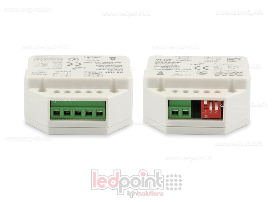 Controlador monocromático con interruptor para caje de conexiones de pared 1CH*4A/8A 12-48VDC, RF 2.4G con curva logarítmica o linear y frecuencia PWM seleccionable