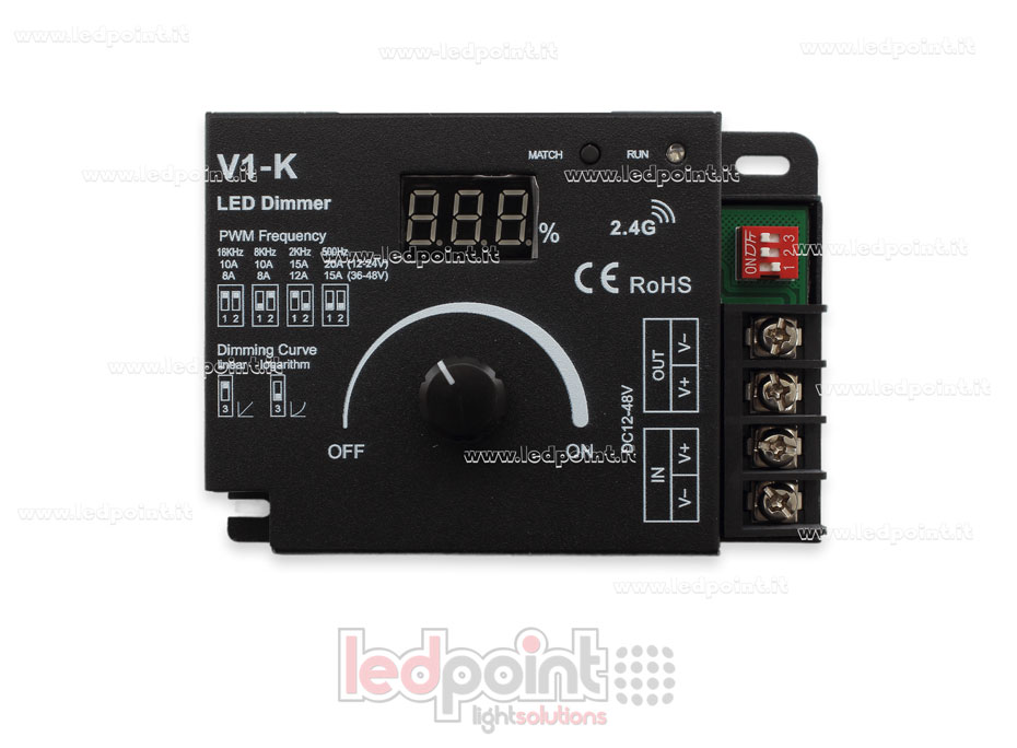 Controlador monocromático 12/48V con rueda, 1ch*20A, con curva logarítmica o linear y frecuencia PWM seleccionable.