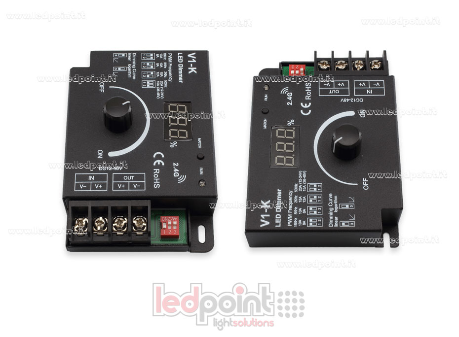 Controlador monocromático 12/48V con rueda, 1ch*20A, con curva logarítmica o linear y frecuencia PWM seleccionable.