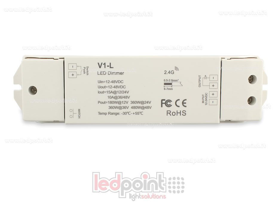 Receptor dimmer monocromático con interruptor, 1ch*15A 12/24V o 1ch*10A 36/48V, RF 2.4G