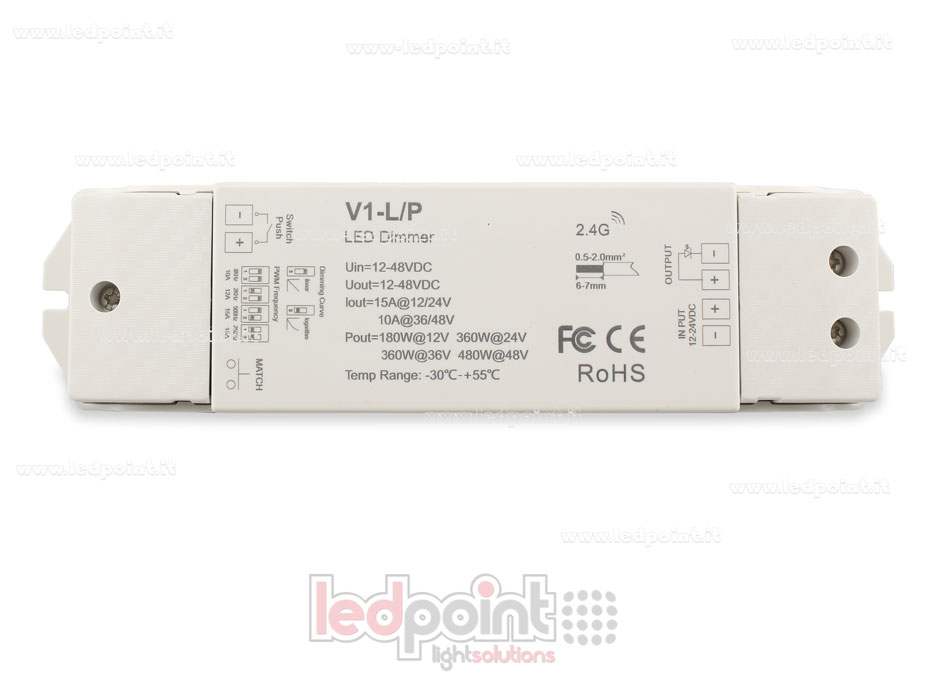 Receptor dimmer monocromático con interruptor, frecuencia PWM seleccionable, 1ch*15A 12/24V o 1ch*10A 36/48V, RF 2.4G