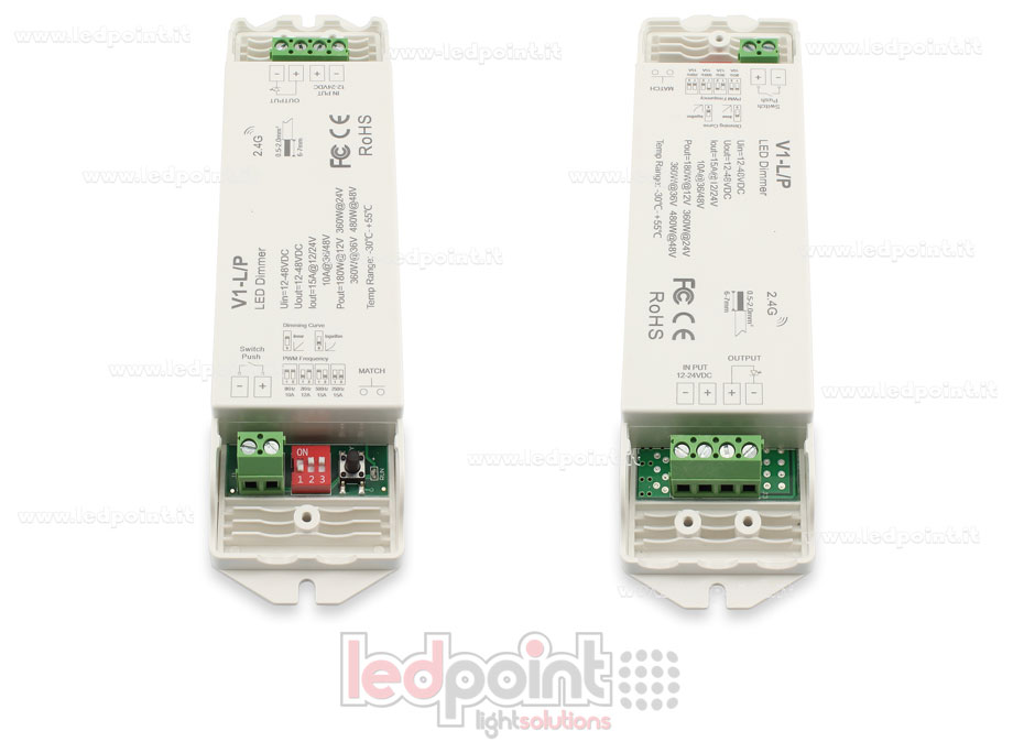 Receptor dimmer monocromático con interruptor, frecuencia PWM seleccionable, 1ch*15A 12/24V o 1ch*10A 36/48V, RF 2.4G