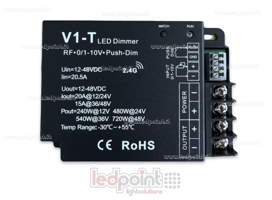 Receptor dimmer monocromático con interruptor, 0/1-10V, 12/24V, 1ch*20A, RF 2.4G