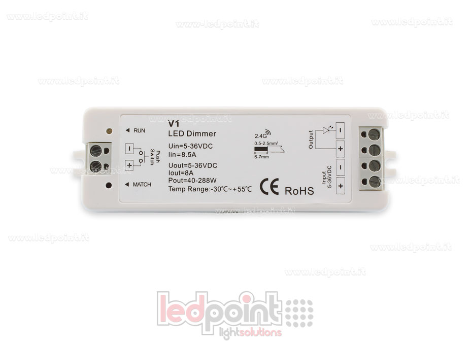 Receptor dimmer monocromático con interruptor 5/36V, 1ch*8A, RF 2.4G