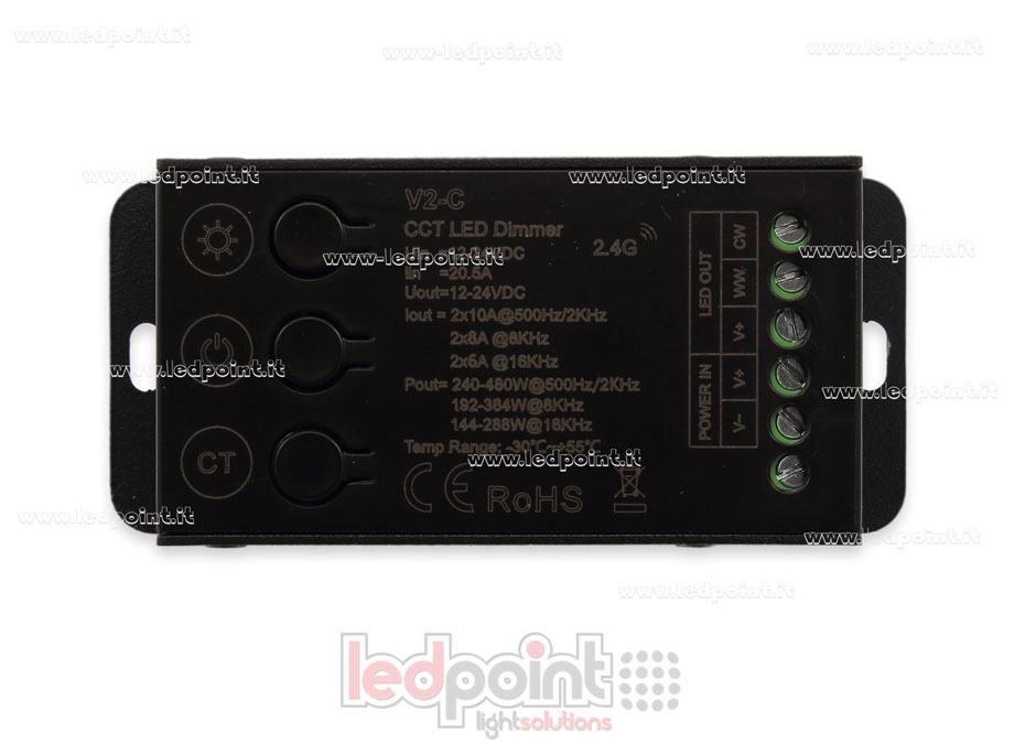 Receptor controlador CCT 12-24V, 2ch*10A con 3 botones y PWM seleccionable, RF 2.4G