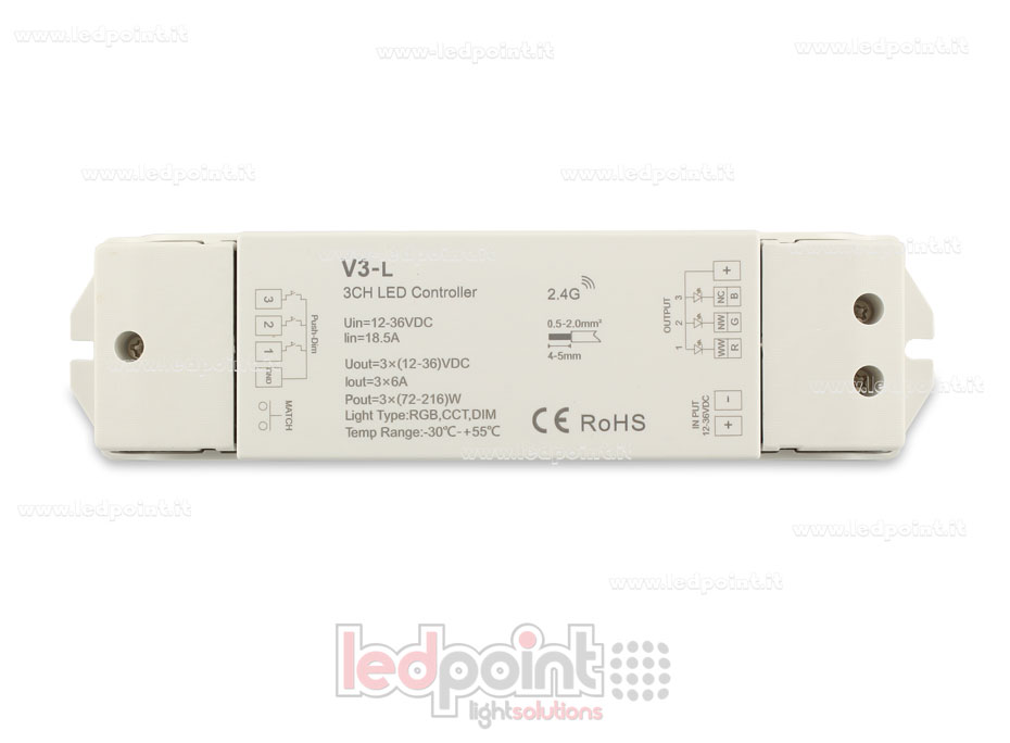Controlador RGB 12-36V, 3ch*6A, RF 2.4G, push dim