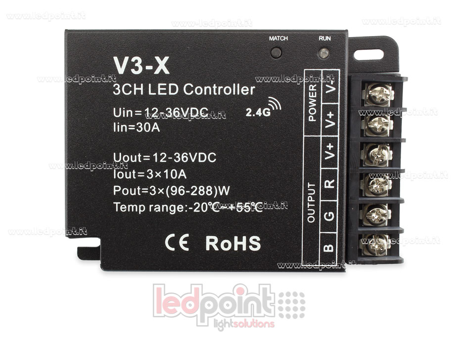 Controlador RGB 12-36V, 3ch*10A, RF 2.4G
