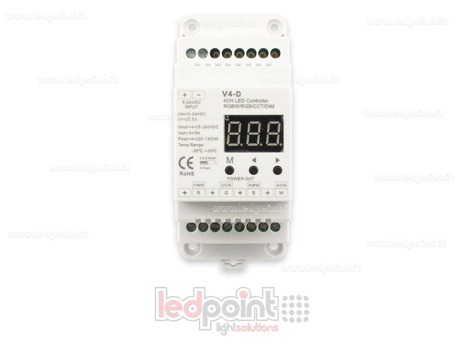 Receptor controlador RGBW 12/24V, 4ch*5A, RF 2.4G para barra DIN