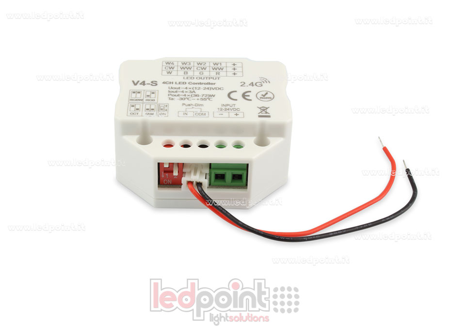 Receptor Controlador RGBW con interruptor/Triac 12/24V, 4ch*3A, RF 2.4G, Instalación en caja para interruptores de pared