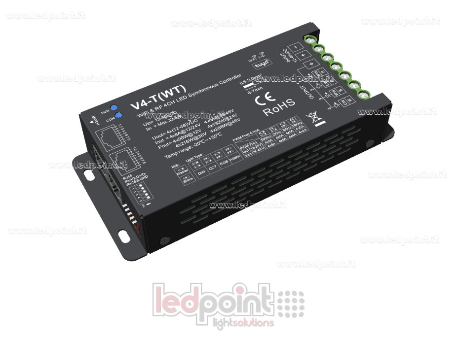 Receptor controlador sincronizado Wifi y RF con 12/48 VCC, 4 canales*8 A, Wifi+RF 2,4 G