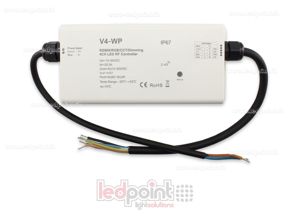Controlador RGBW IP67 waterproof 12/36V, 4ch*5A, RF 2.4G
